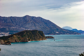 Fototapeta na wymiar View of the mountains and the bay of the Adriatic Sea, Budva, Montenegro