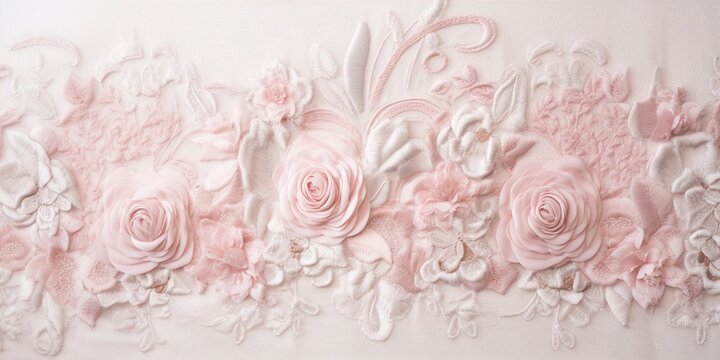 Generative AI, embroidered shabby chic baroque light pink roses pattern.  Floral print on silk background