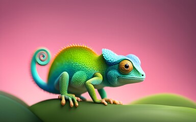 Fototapeta premium Cute Chameleon Baby Character On Olive Branch Banner Solid Random Color
