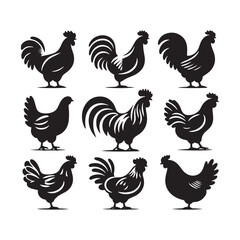 Poultry Perfection: Vector Hen Silhouette Collection for Farmyard Designs, Animal Illustrations, and Rustic-themed Artwork. Black hen vector.