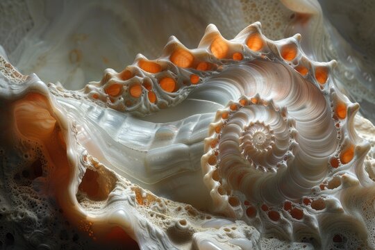 Close-up image showcasing the intricate details and patterns of a spiral seashell adorned with water droplets.