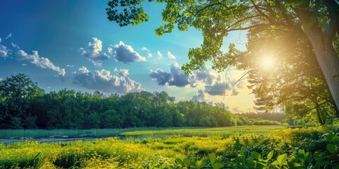 panoramic vista of a sunlit grassy plain, the vibrant greens contrasting starkly with the deep blue sky and the soft - Powered by Adobe