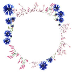 Watercolor frame with wildflowers, cornflowers, hare grass and hemlock