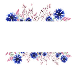 Obraz premium Watercolor frame with wildflowers, cornflowers, hare grass and hemlock