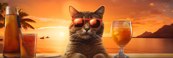 Funny cat with sunglasses on tropical beech sunny day drinking fresh juice. Cool cat concept - obrazy, fototapety, plakaty