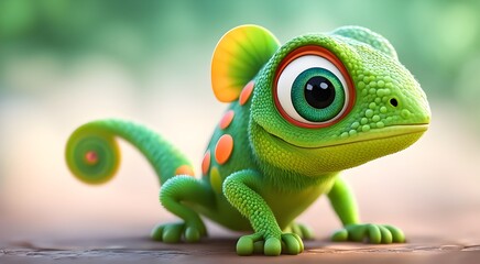 Cute Funny Cartoon Chameleon Art Animated Adorable Character - obrazy, fototapety, plakaty