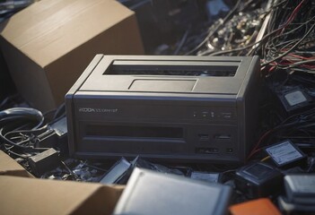 pile of old unused computers and vintage CRT monitors