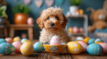 Beautiful dog against the background of Easter eggs in a cozy atmosphere. Happy Easter.