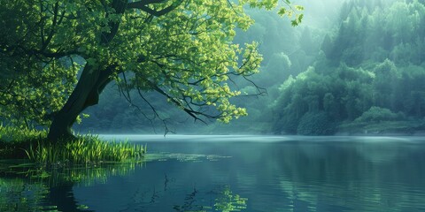 river in the forest, morning