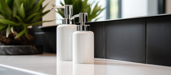 A couple of soap dispensers are neatly placed on top of a counter. These dispensers are essential for providing hand cream or antibacterial liquid for virus protection and hygiene in a bathroom, spa, - obrazy, fototapety, plakaty