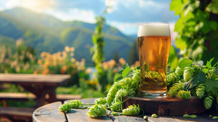 Mug of fresh foamy beer and hops on wooden table against backdrop of Irish mountains. Copy space. 