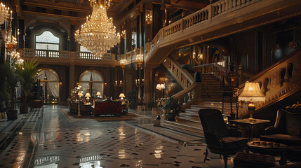 interior photo of a luxurious hotel lobby, with elegant furnishings, sparkling chandeliers, and a grand staircase, establishing shot, indoor setting - obrazy, fototapety, plakaty