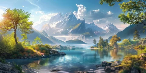  scenic painting portraying a river flowing through majestic mountains © Classy designs