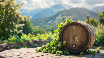 Beer barrel and hops on table against backdrop of beautiful landscape with mountains. Copy space.