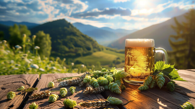 Mug of fresh foamy beer and hops on wooden table against backdrop of Irish mountains. Copy space. 