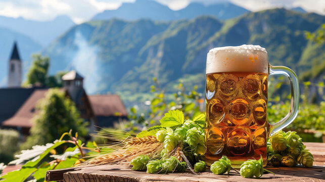 Mug of fresh foamy beer and hops on wooden table against backdrop of Irish mountains. Copy space. 