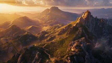 landscape photo of a rugged mountain range bathed in golden sunlight, with a winding hiking trail leading to a breathtaking summit vista