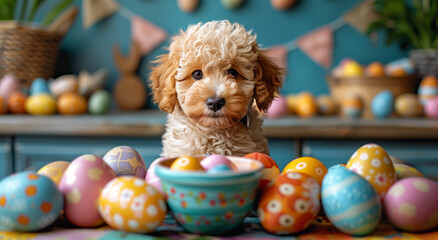 Beautiful dog against the background of Easter eggs in a cozy atmosphere. Happy Easter.