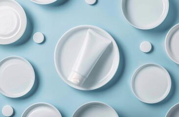 White cream tube mockup on blue background with scattered drops. Flat lay of hydro alcoholic gel with bottle. Top view of hands holding hydro alcoholic gel bottle