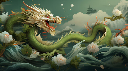 Dragon in the sea. 3D rendering, 3D illustration. - obrazy, fototapety, plakaty