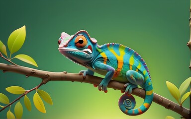 Cute Cartoon Style Chameleon Character On Olive Branch Banner Solid Gradient