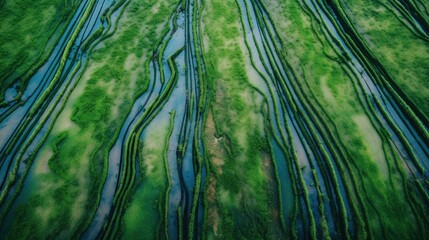 Generative AI, field of green grass with water sprinkled, aerial view drone photography. Swamp landscape. - Powered by Adobe