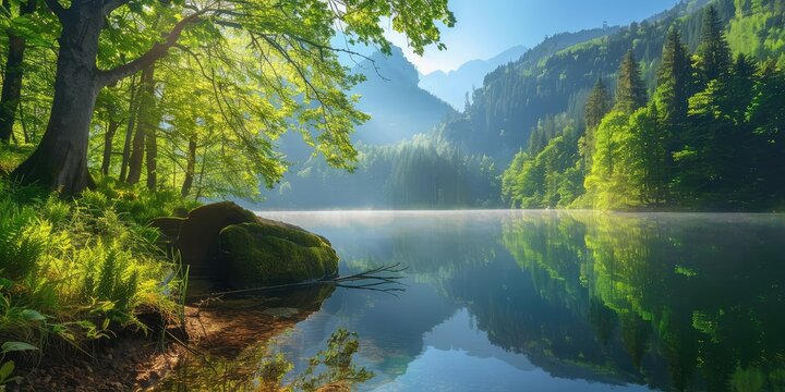 serene lake surrounded by lush greenery, with reflections of trees