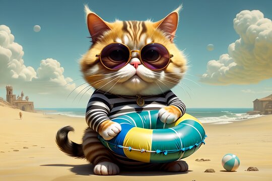 happy cat on vacation relaxing at sea.