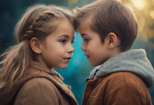 Little boy kissed for the first time adorable little girl. Love and romantic concept.