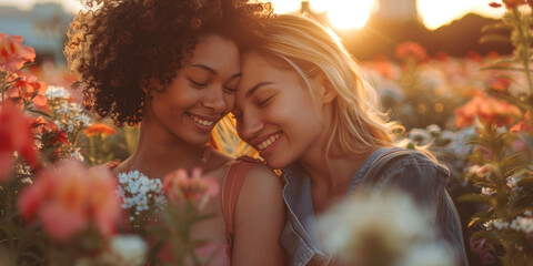 Floral Connection - LGBTQI+ Love
Two people share a joyful moment of closeness in a blooming garden at dusk.