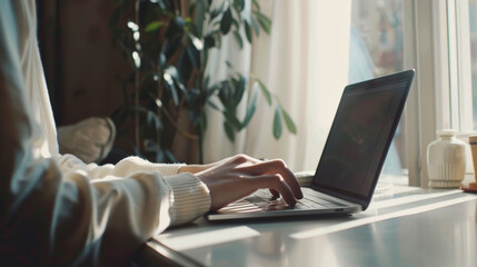 person typing on a laptop at a white desk at remote home office, soft natural light from window