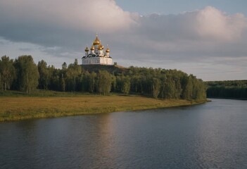 landscape with mountains, forest and a river in front. beautiful scenery