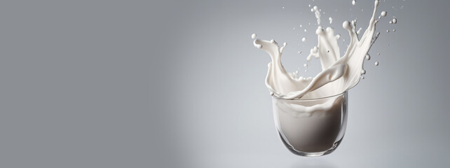 Generative AI, Flowing liquid with splashes in white color. Glossy creamy milk fluid banner, 3D effect, modern macro photorealistic abstract background illustration..