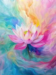 A artwork of pink lotus flower with a white center and colorful petals is blooming in the air, surrounded by swirling colors of light blue, yellow, red, green, purple, pink, and sky blue