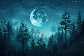 Fototapeta na wymiar Pine forest at night on sky with moon and stars background in blue tones. AI Generative.