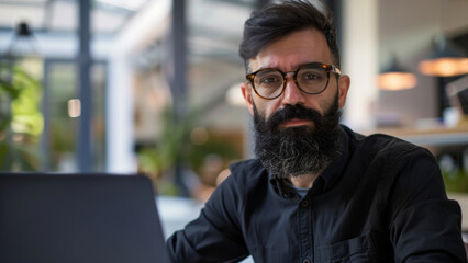 Obraz premium Bearded man with glasses focused on computer, embodying professional dedication.