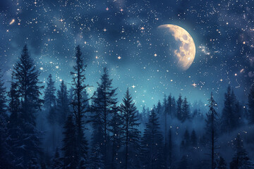 Pine forest at night on sky with moon and stars background in blue tones. AI Generative.