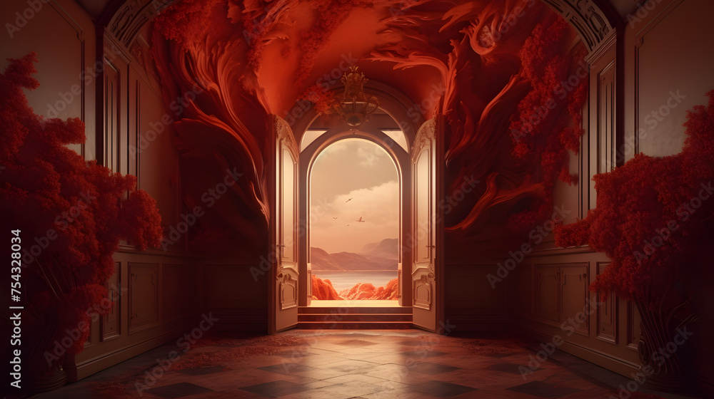 Poster an archway with an open door and lava flowing through