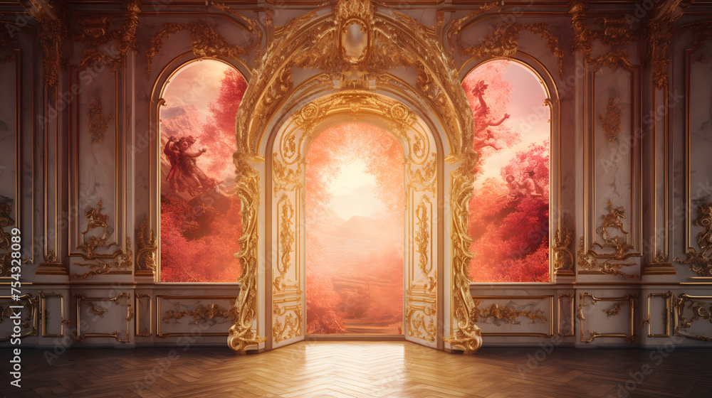 Wall mural an archway with an open door and lava flowing through