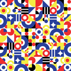 Obraz premium Vector seamless pattern of colored abstract geometric shapes and grid style bauhaus