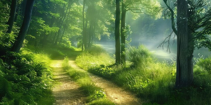 Summer Green dense forest, rays of sunlight seeping through the foliage