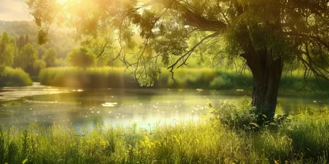 Tuinposter Summer landscape with forest lake © PNG WORLD