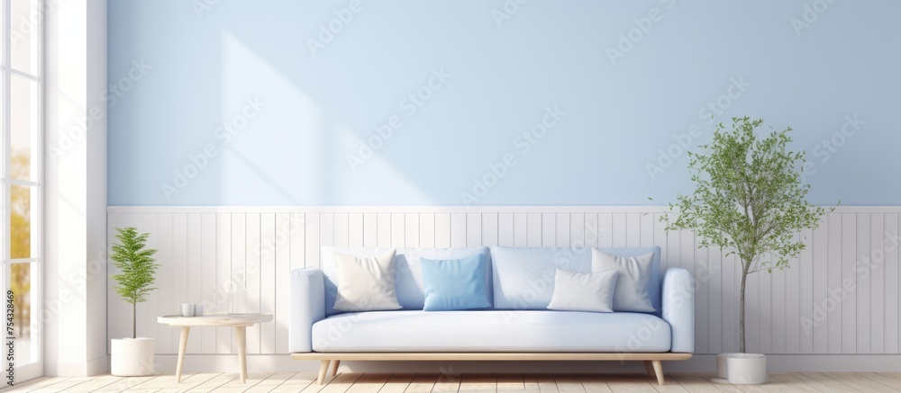 Wall mural A living room with blue walls and white furniture. A minimalist interior design with a sofa on a wooden floor, decorative elements, and a large white landscape in the window.