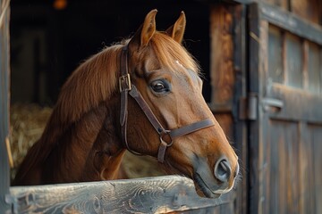 Fototapeta premium horse in the stable, horse ranch with a house and fence,old farm house
