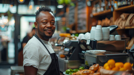 Fototapeta premium A cheerful chef beams with pride amidst a kitchen bursting with fresh produce.
