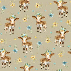 Cute baby watercolor pattern with calf and magic flowers. Perfect for baby clothing, textiles, fabrics