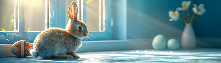 Warm sunlight spills into a cozy blue room where a brown rabbit admires decorated Easter eggs.