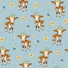 Cute baby watercolor pattern with calf and magic flowers. Perfect for baby clothing, textiles, fabrics