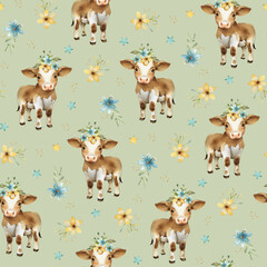 Cute baby watercolor pattern with calf and magic flowers. Perfect for baby clothing, textiles, fabrics