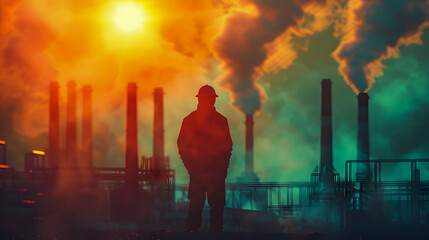 A man stands in front of a factory with smoke coming out of it